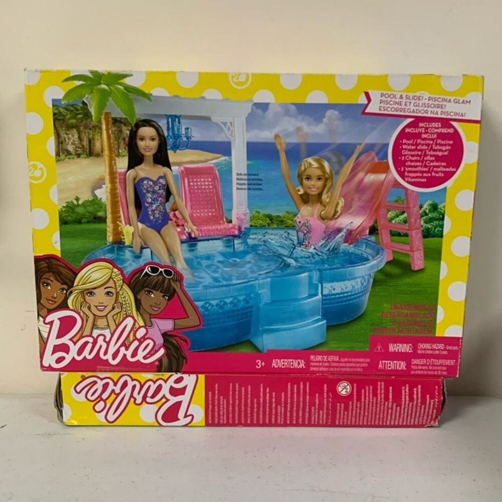 Barbie Glam Pool & Slide with Chairs, Chandelier & Smoothie with Barbie Doll